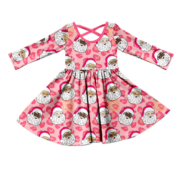 Pink leopard santa long sleeves kids girls dresses