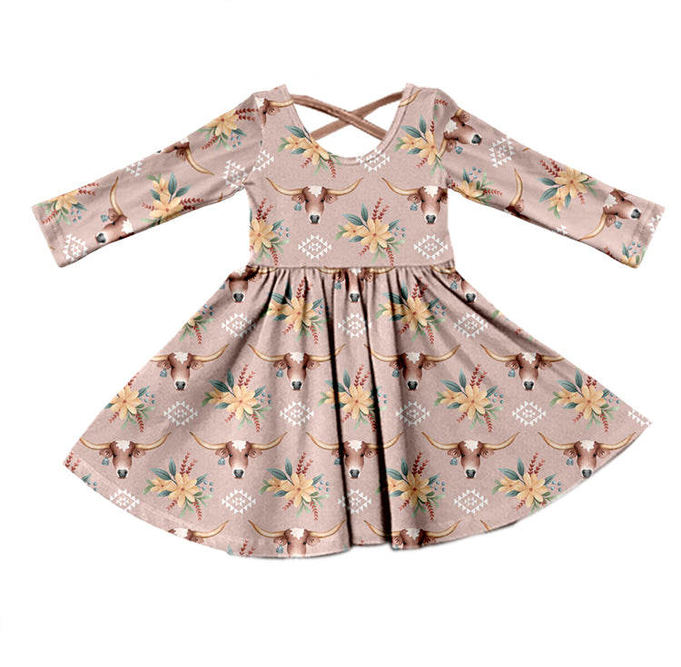 Floral highland cow long sleeves kids girls western dress