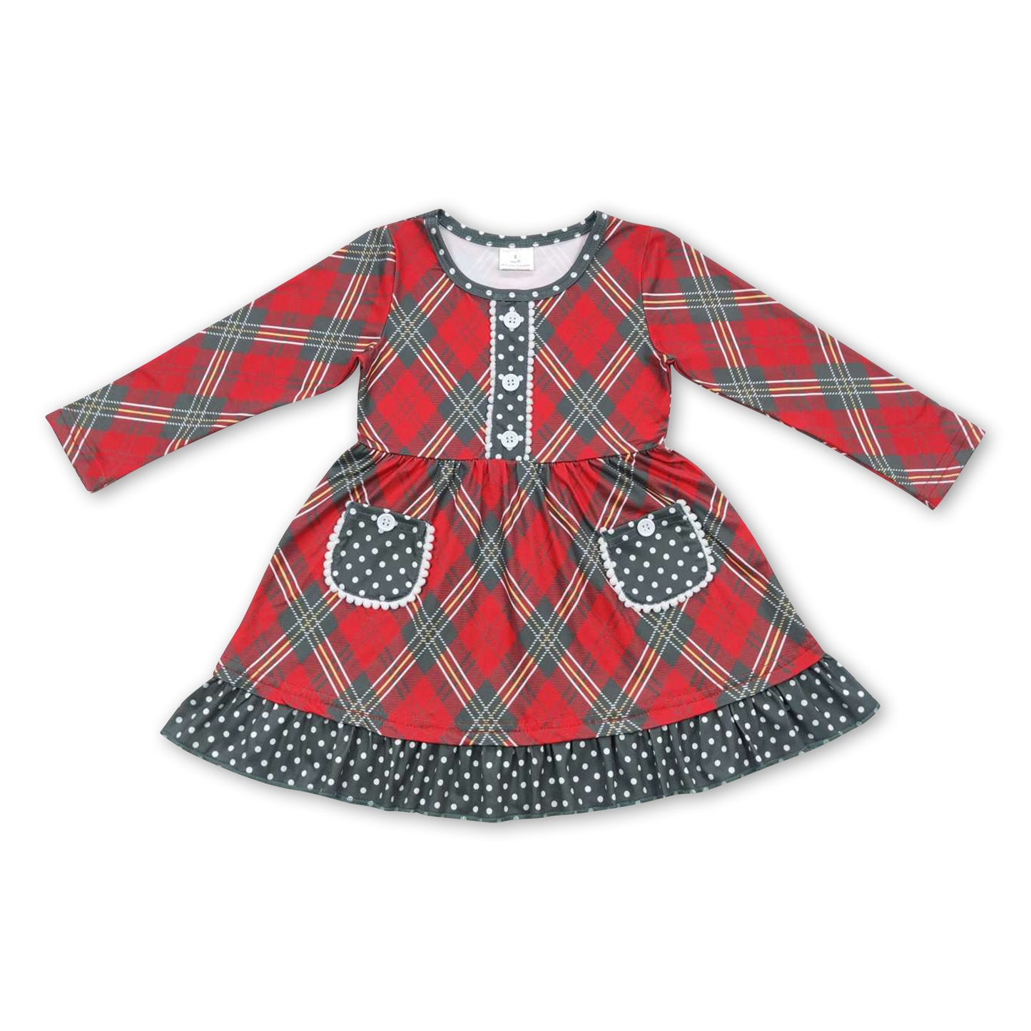 Red green plaid pocket ruffle girls Christmas dress