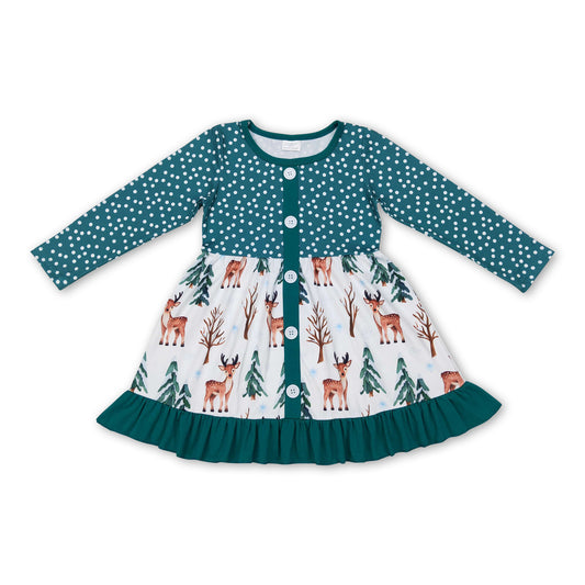 Green deer Christmas tree long sleeves girls dress