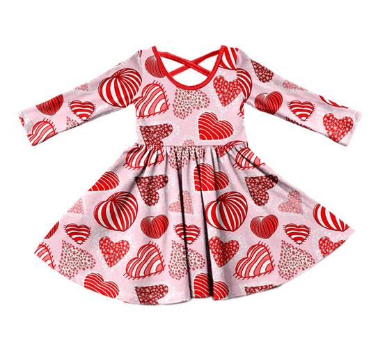 Pink heart long sleeves girls Valentine's dresses