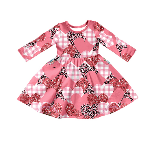 Pink leopard plaid heart long sleeves girls valentine's dress