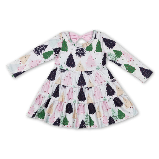 Long sleeves pink Christmas tree baby girls dresses