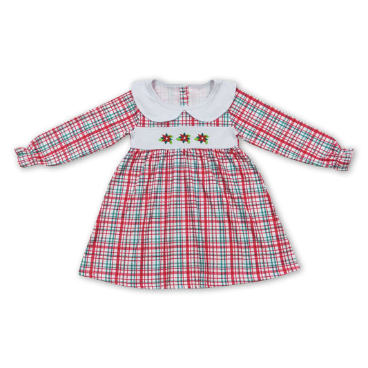 Red green plaid embroidery girls Christmas dress