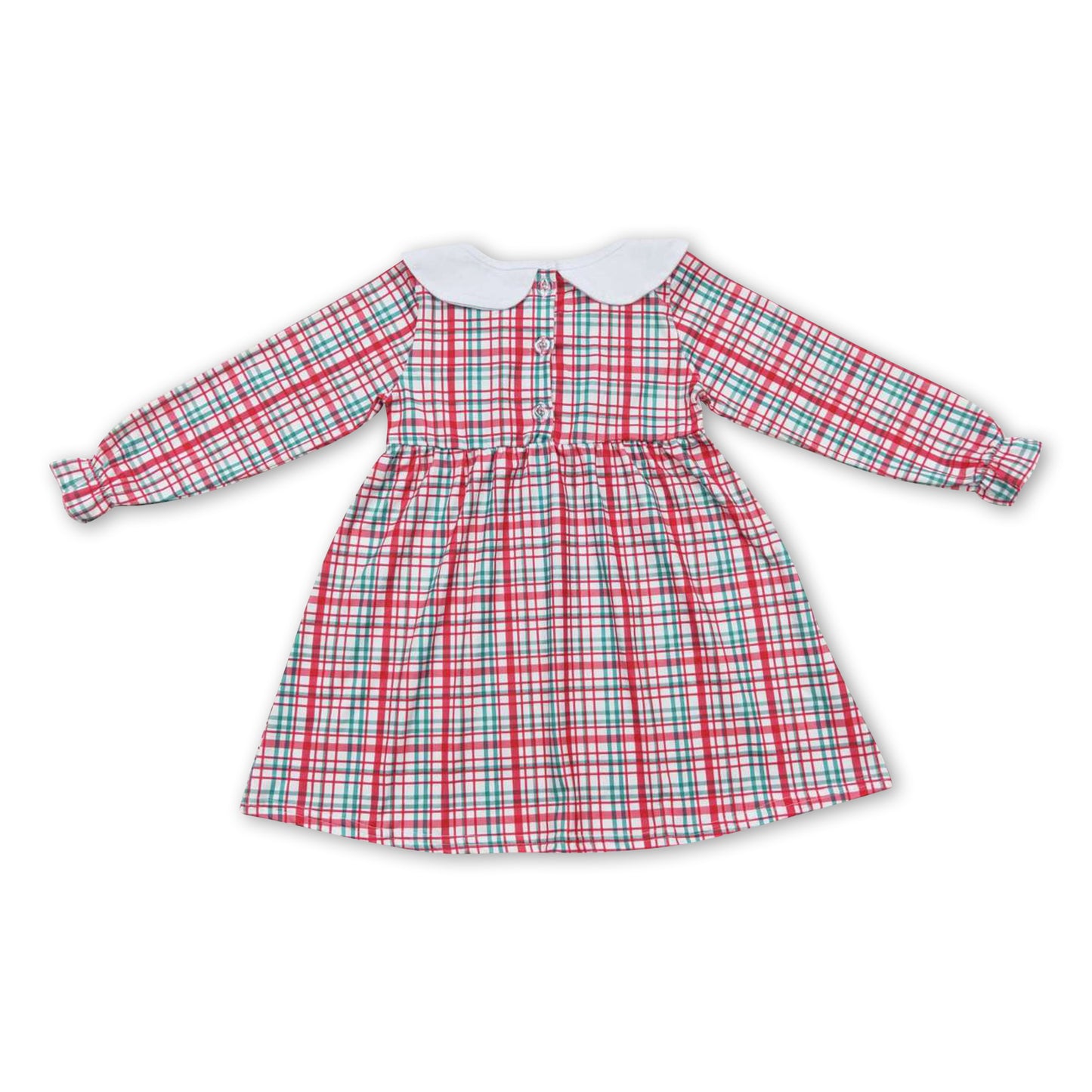 Red green plaid embroidery girls Christmas dress