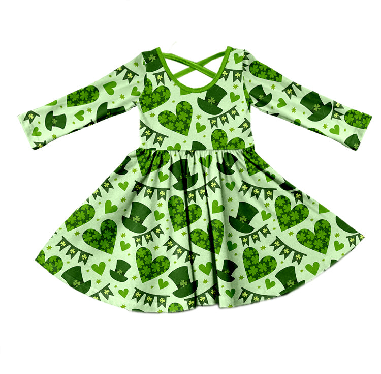 Green long sleeves clover heart girls st patrick's dress