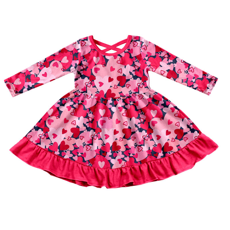 Heart long sleeves ruffle girls valentines dresses