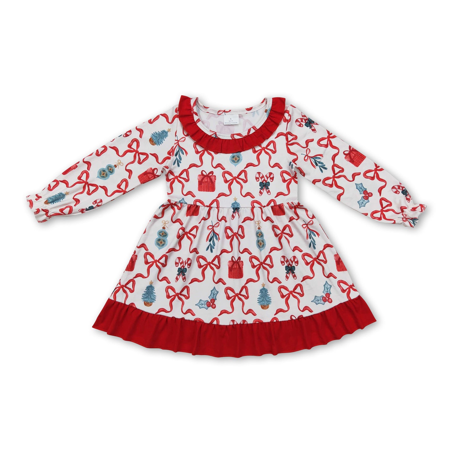 Long sleeves bow gift candy cane girls Christmas dress