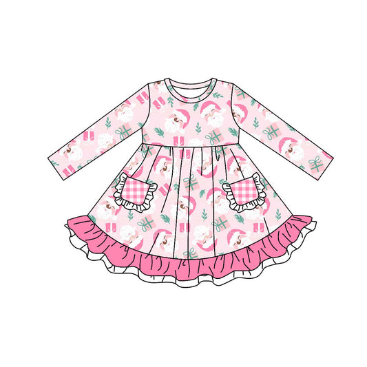 Long sleeves pink santa gift girls Christmas dresses