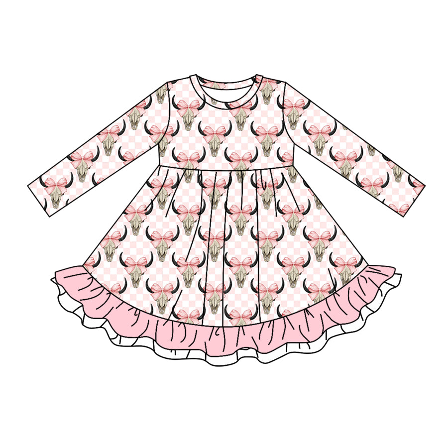 Long sleeves pink plaid bow cow girls ruffle dresses