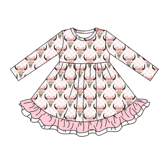 Long sleeves pink plaid bow cow girls ruffle dresses