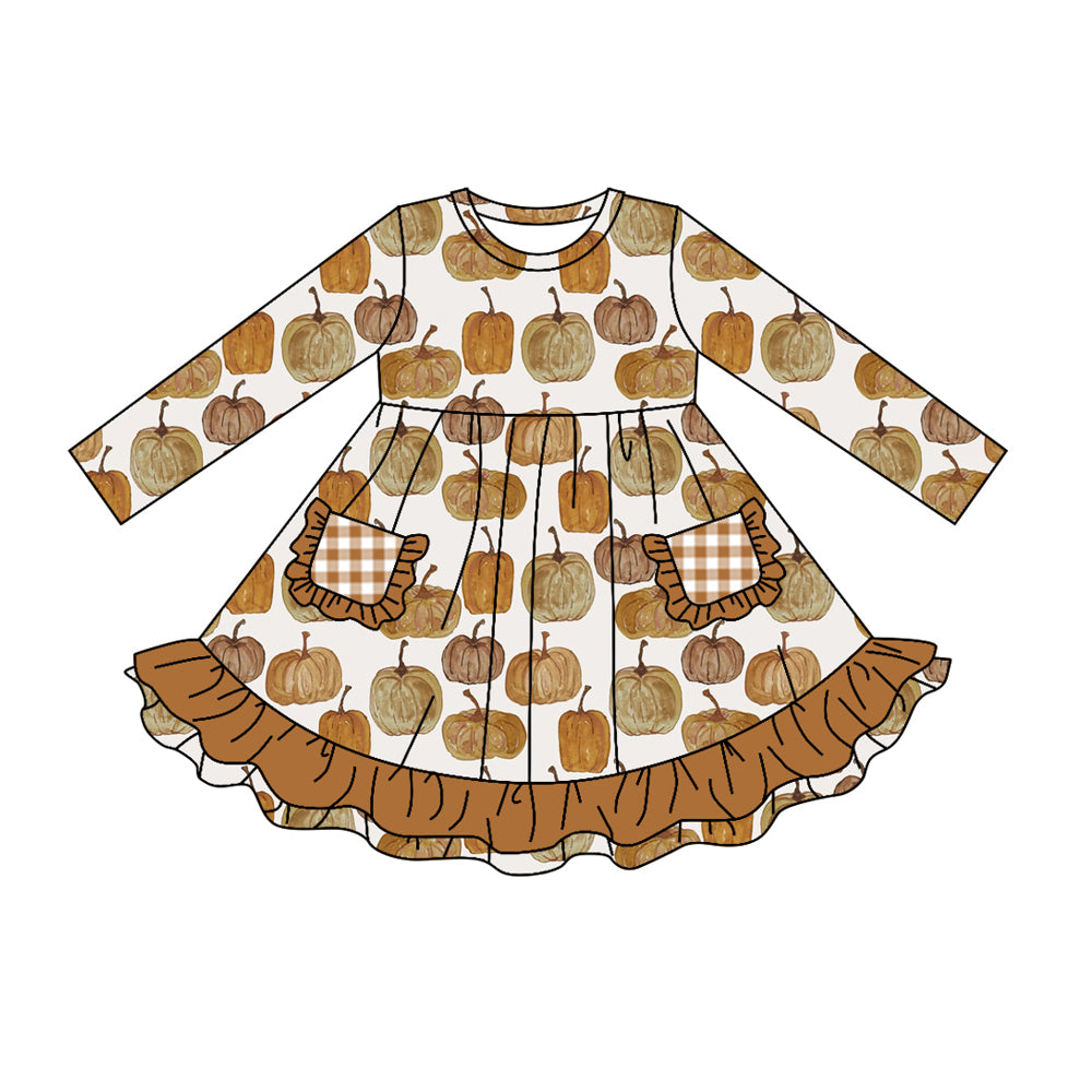 Long sleeves pumpkin plaid pockets girls fall dresses