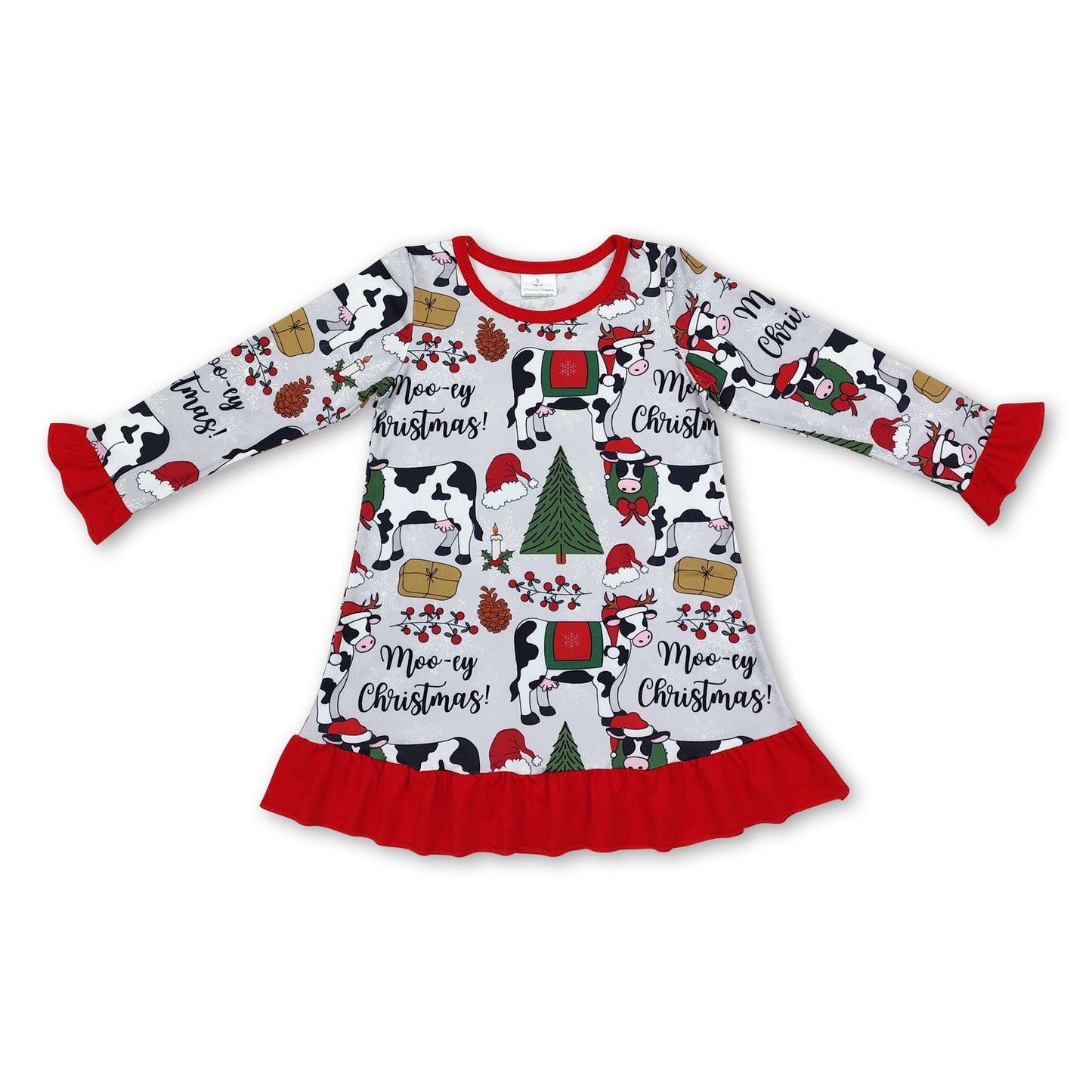 Long sleeves Christmas tree cows baby girls nightgown