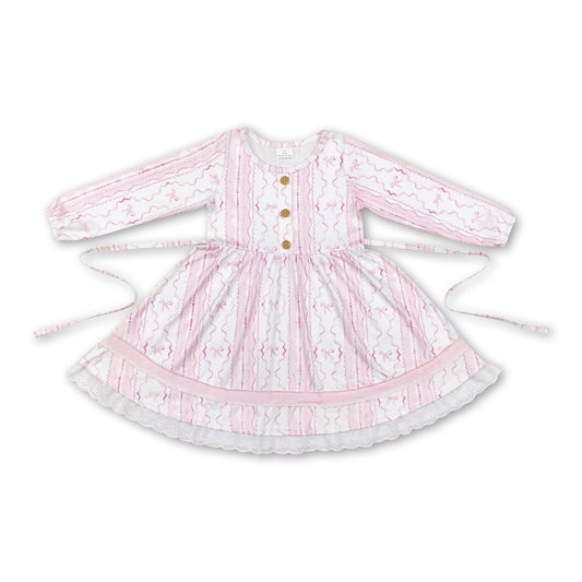 Long sleeves pink bow ruffle kids girls dresses