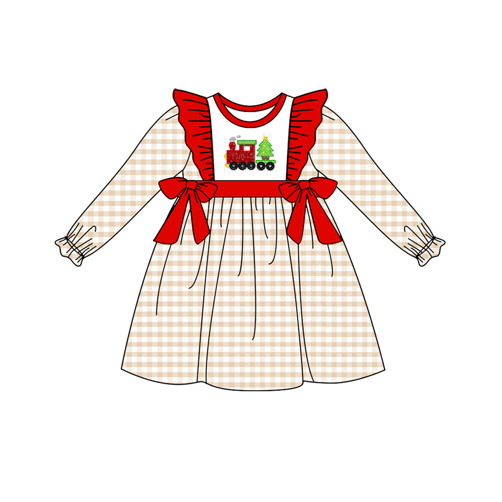 Long sleeves plaid Christmas tree truck girls dresses