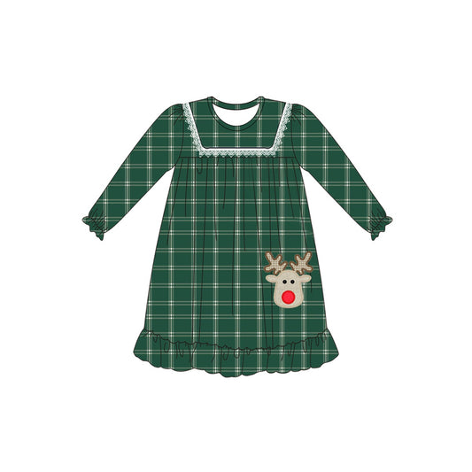 Green plaid deer kids girls Christmas nightgown