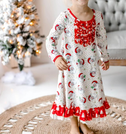 Long sleeves polka dots santa kids girls Christmas nightgown