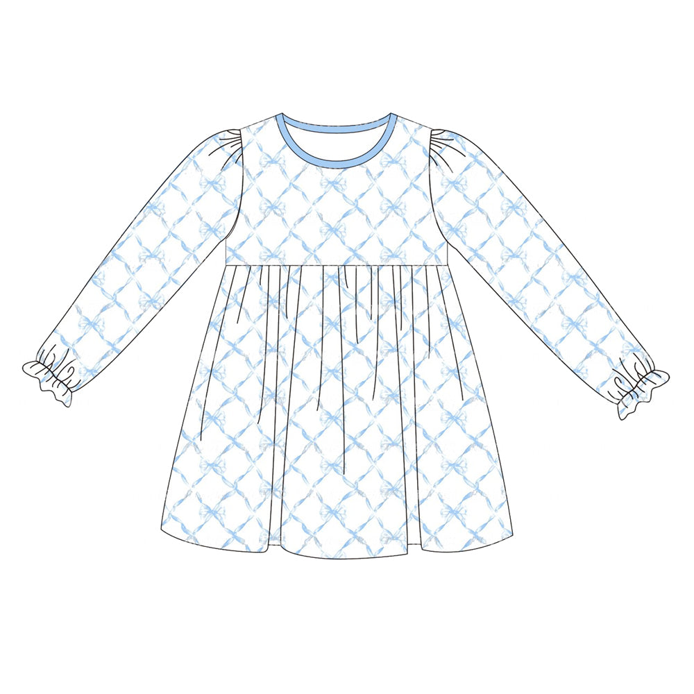 Long sleeves light blue bow kids girls dresses