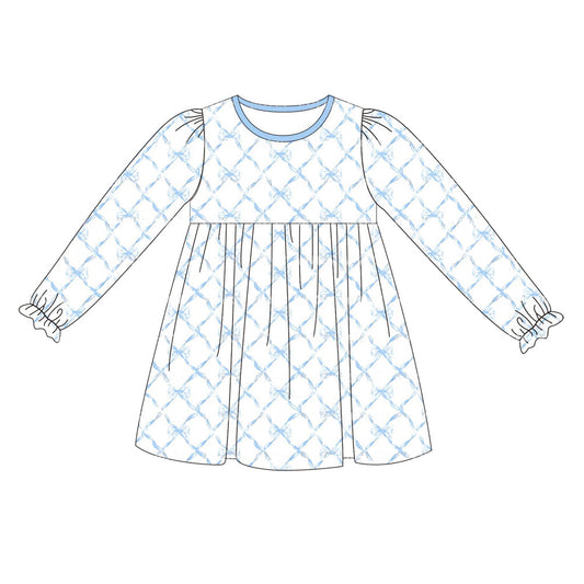 Long sleeves light blue bow kids girls dresses