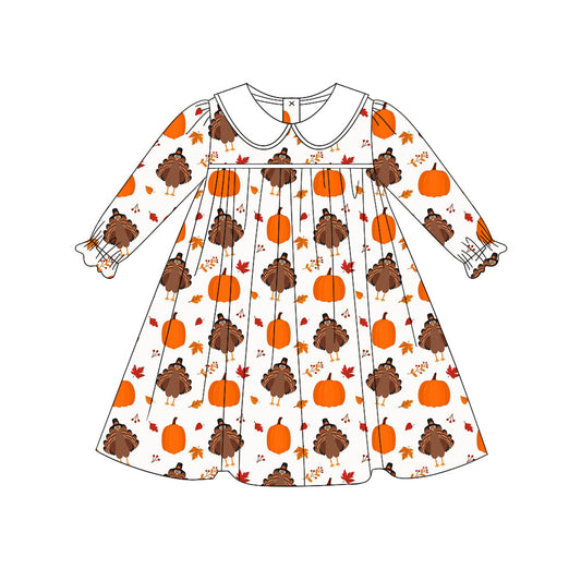 Turkey pumpkin long sleeves girls Thanksgiving dresses