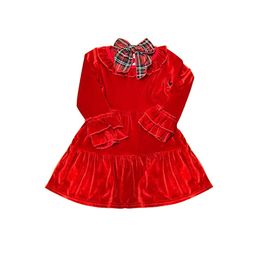 Red velvet ruffle long sleeves girls Christmas dresses