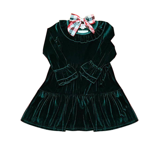 Dark green velvet ruffle long sleeves girls Christmas dress