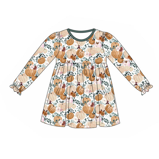 Long sleeves pumpkin floral girls fall dresses