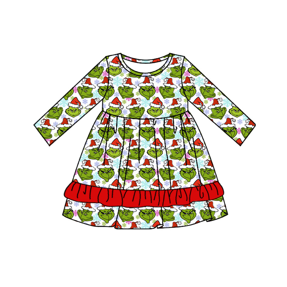 Snowflake green face red ruffle girls Christmas dresses