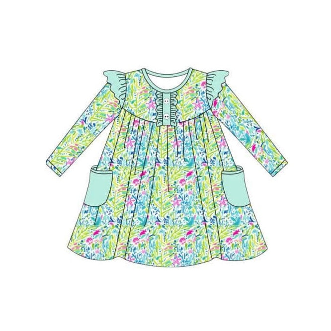 Long sleeves watercolor mint floral baby girls dresses