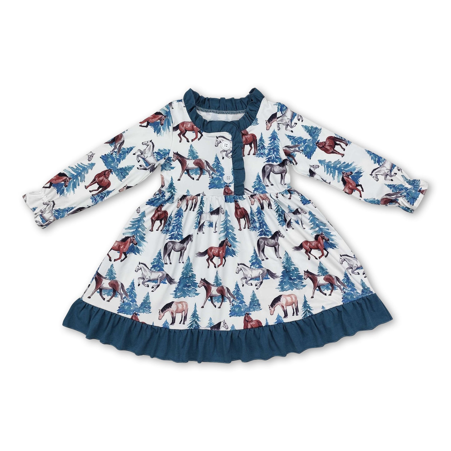 Long sleeves horse tree print kids girls nightgown