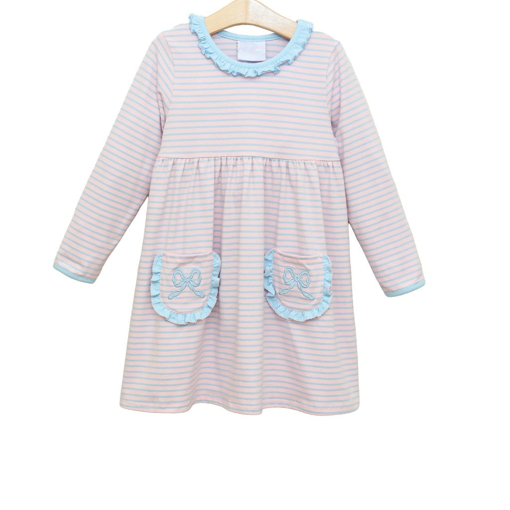 Light blue bow pockets pink stripe baby girls dresses