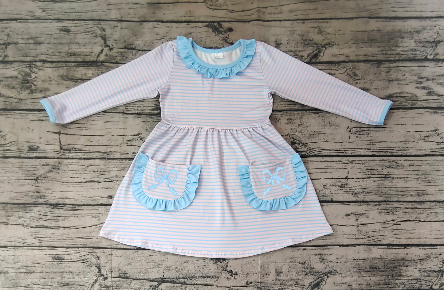 Light blue bow pockets pink stripe baby girls dresses