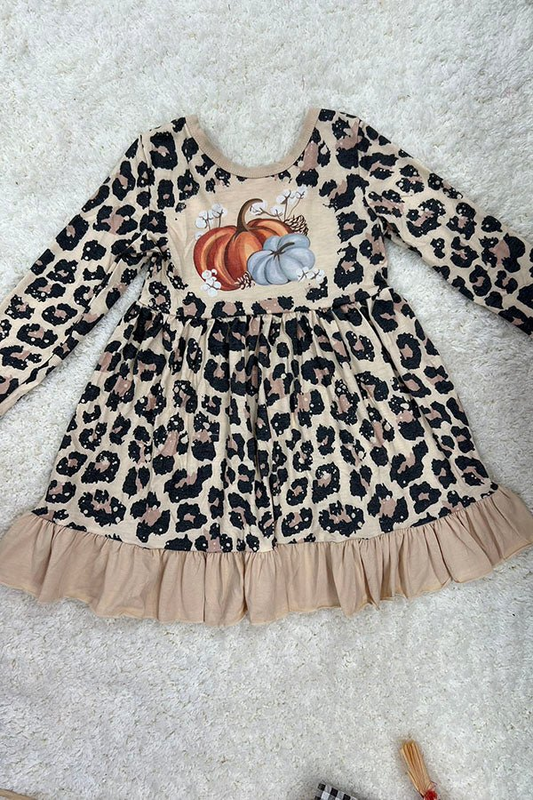 Long sleeves leopard pumpkin ruffle girls fall dresses