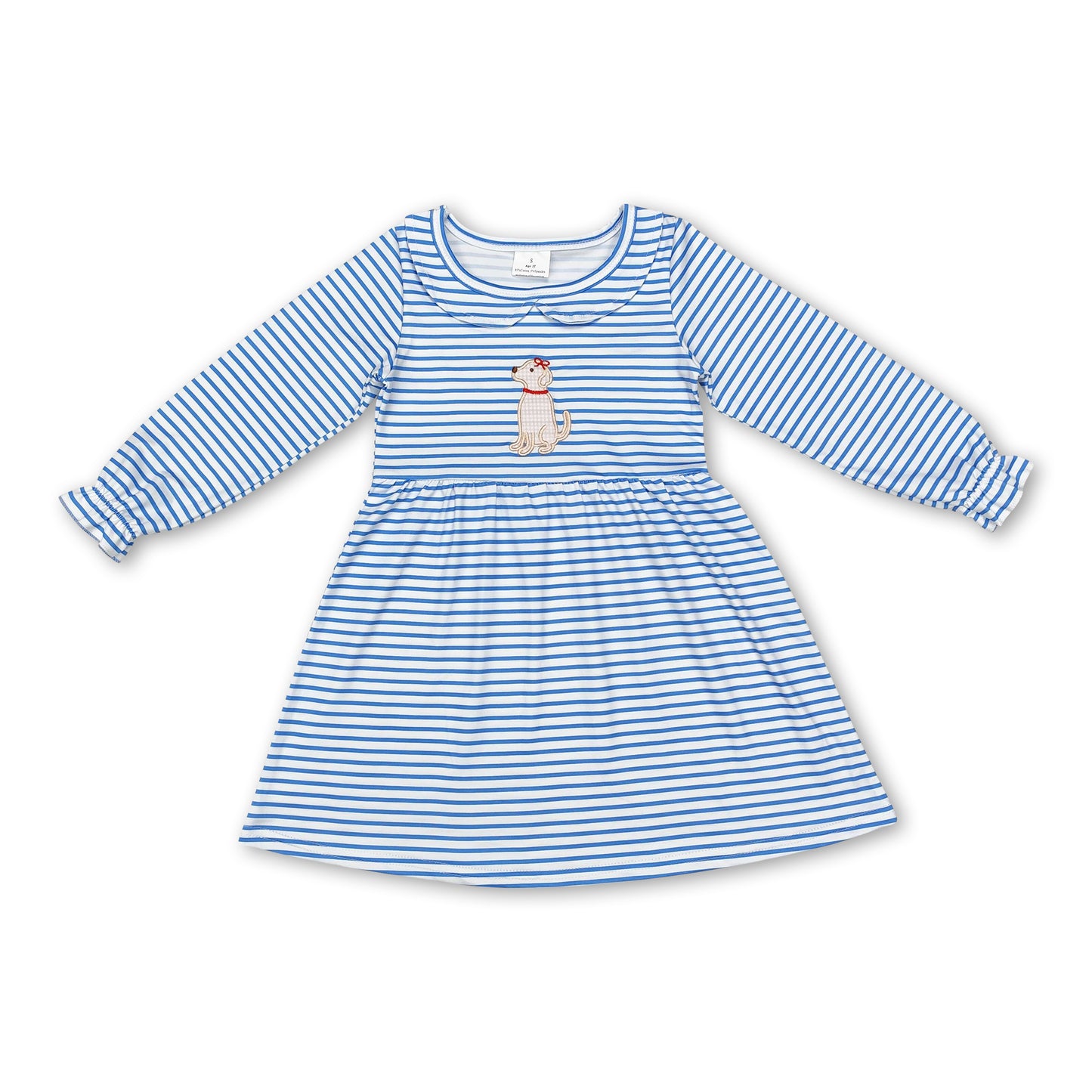 Blue stripe long sleeves dog kids girls dresses