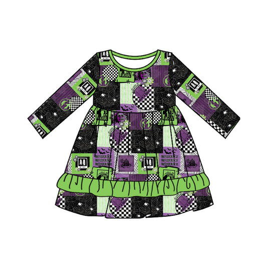 Green ruffle long sleeves bat patchwork girls Halloween dress