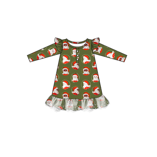 Green long sleeves santa kids girls Christmas nightgown