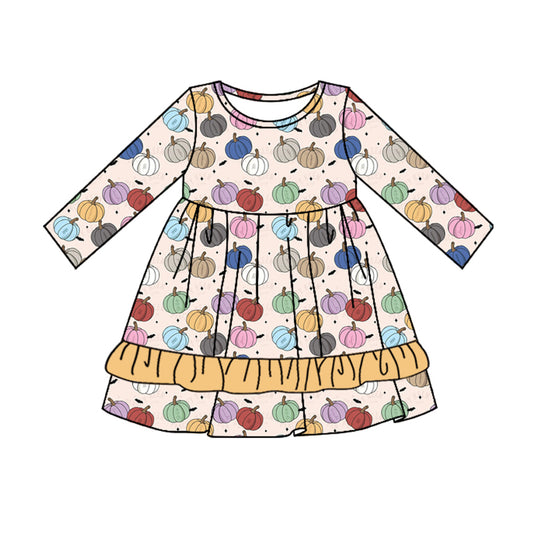 Long sleeves colorful pumpkin yellow ruffle girls fall dress