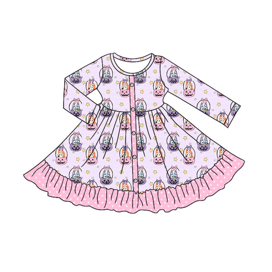 Pink long sleeves pumpkin dog ruffle girls Halloween dresses