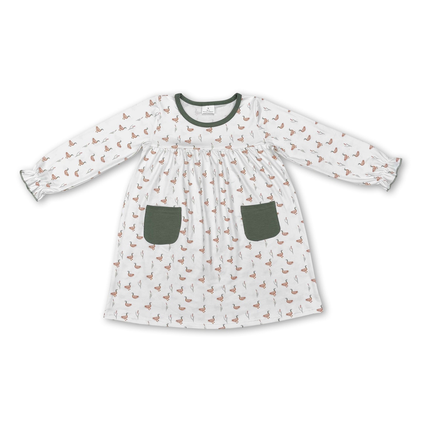 Long sleeves olive pocket duck baby girls dresses