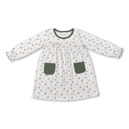 Long sleeves olive pocket duck baby girls dresses