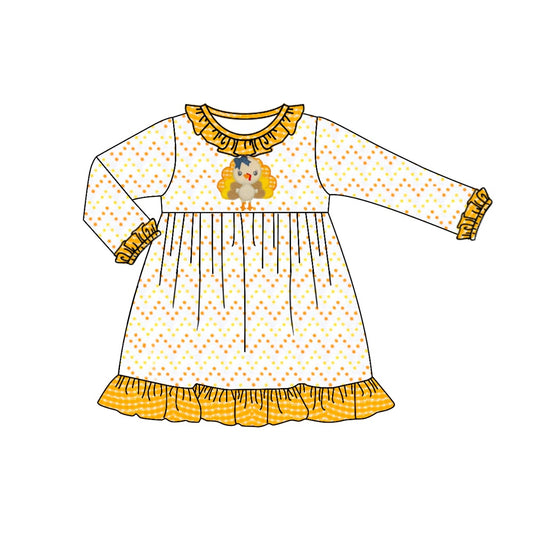 Long sleeves yellow polka dots turkey girls Thanksgiving dress