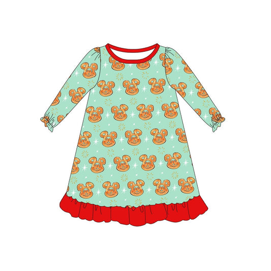 Long sleeves red ruffle mouse cookie girls night dress