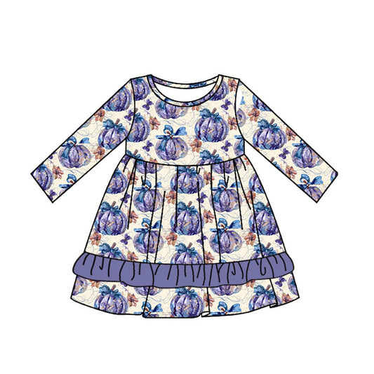 Purple long sleeves ruffle pumpkin girls fall dresses