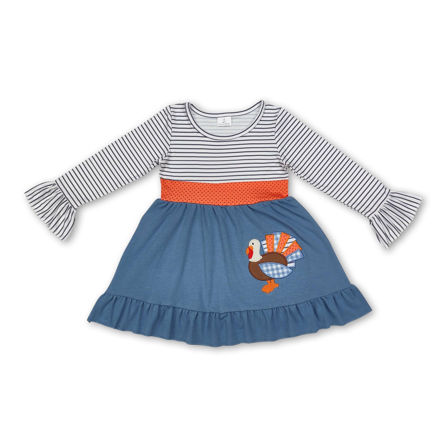 Long sleeves stripe turkey ruffle girls Thanksgiving dress