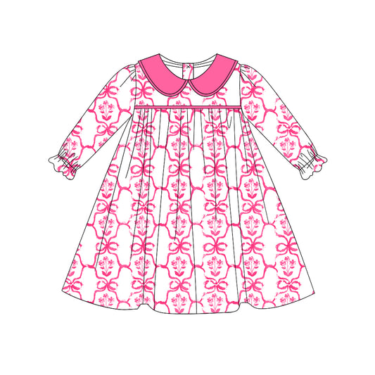 Hot pink floral bow long sleeves girls dresses