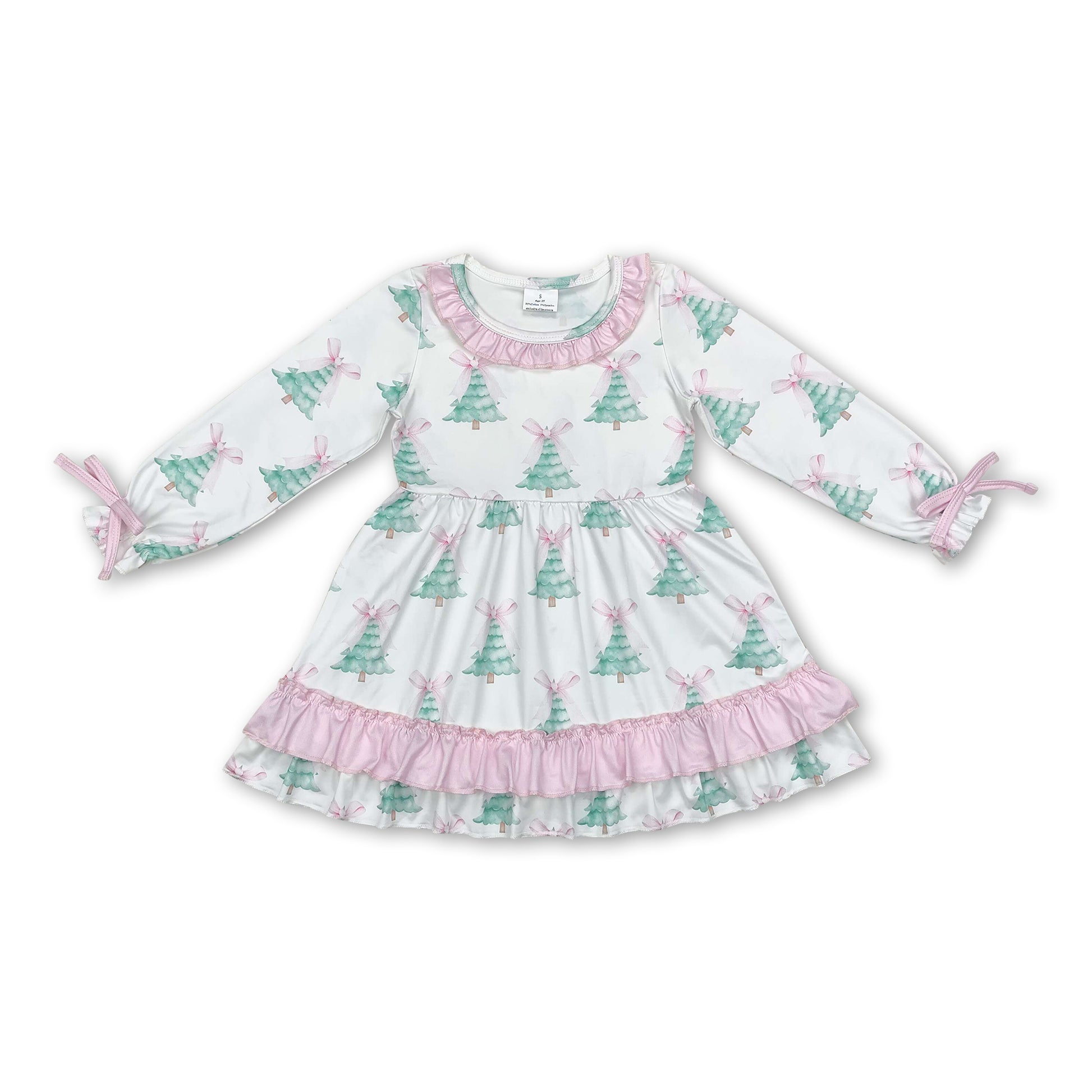 Long sleeves pink bow Christmas tree baby girls dress – Western Kids Clothes