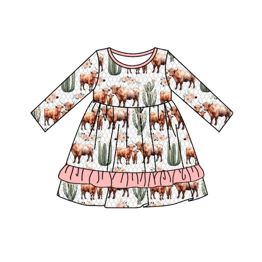 Highland cow cactus ruffle baby girls western dress
