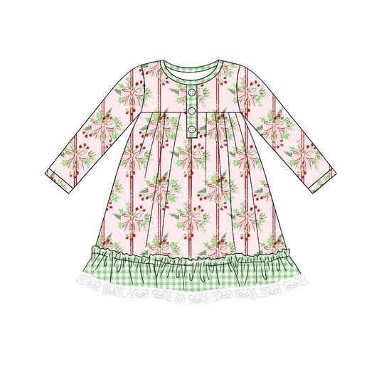 Pink bow berry ruffle long sleeves girls Christmas dress