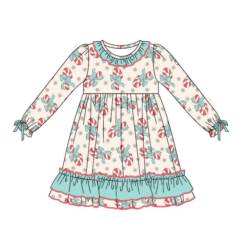 Long sleeves candy cane bow ruffle girls night dress