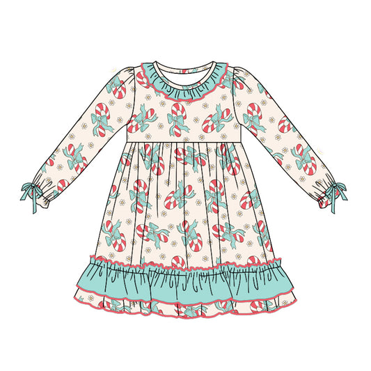 Long sleeves candy cane bow ruffle girls night dress
